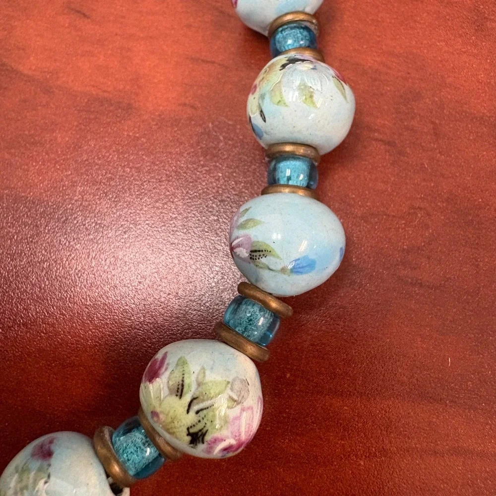 Vintage Floral Ceramic Bead Necklace Turquoise‎ Boho Statement